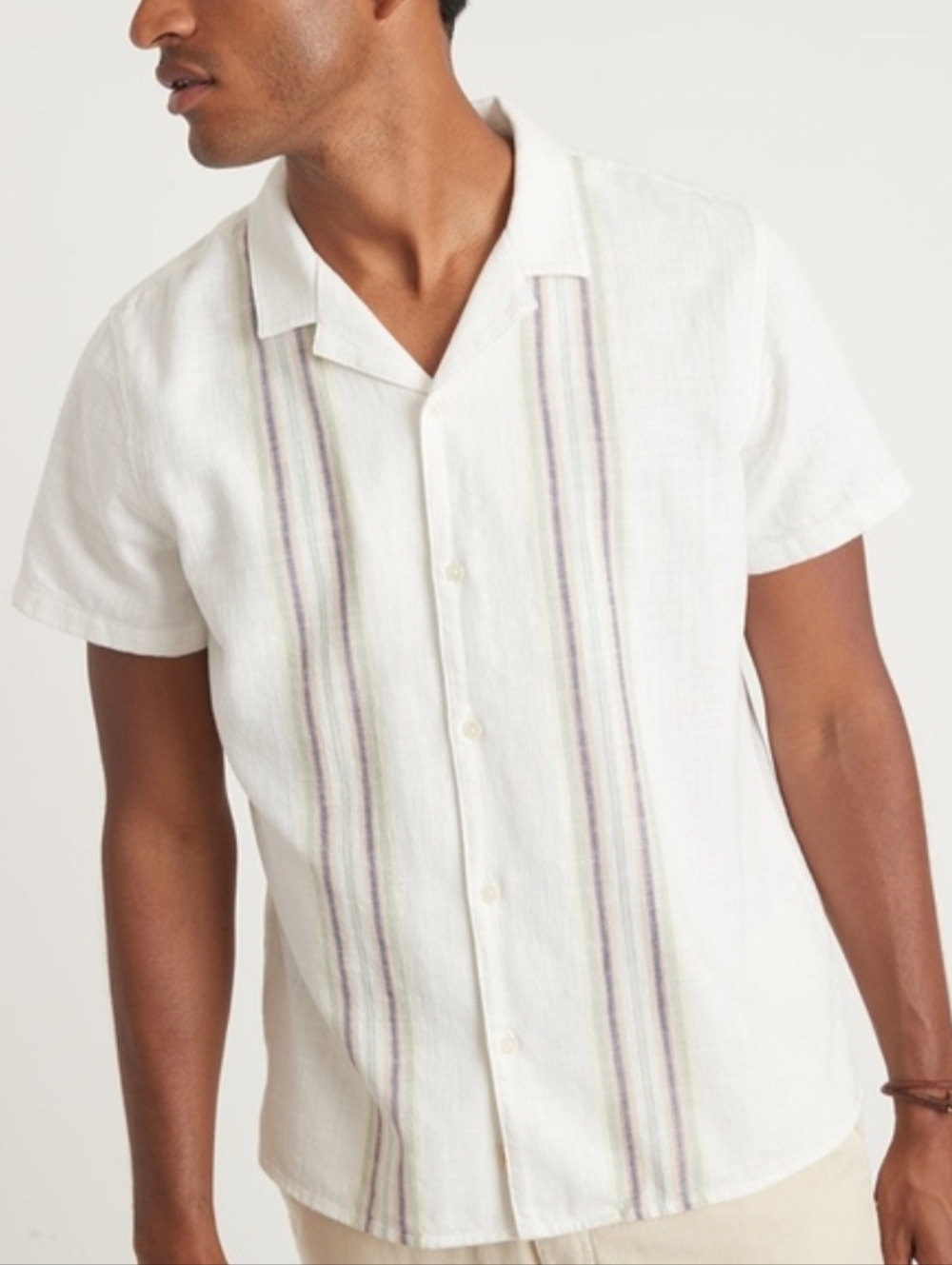 Marine Layer Cotton Vertical Stripe Resort Shirt Off White Aqua Peach size M/L